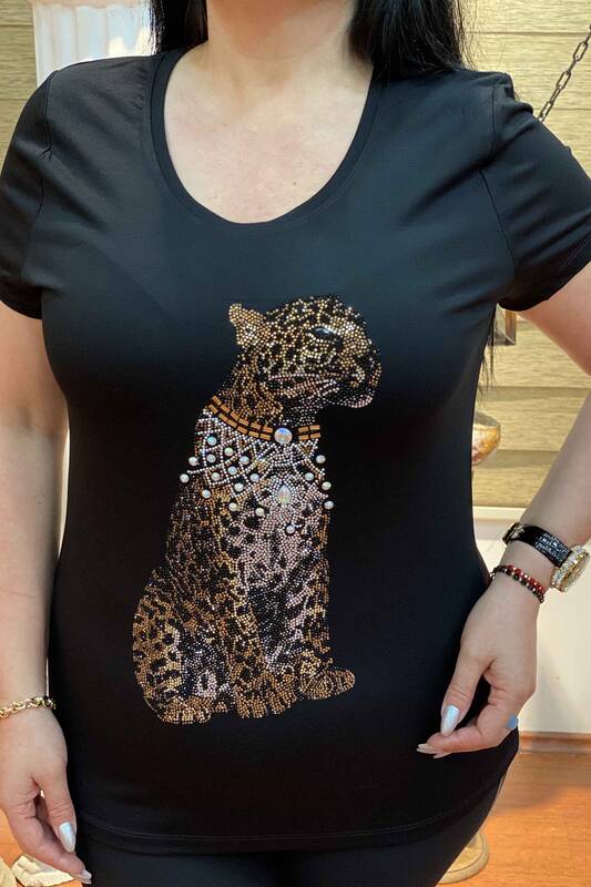 Bluză de damă cu ridicata Tigru cu detaliu acoperit cu piatră - 76670 | Kazee