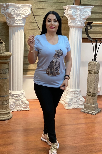 Bluză de damă cu ridicata Tigru cu detaliu acoperit cu piatră - 76670 | Kazee - Thumbnail