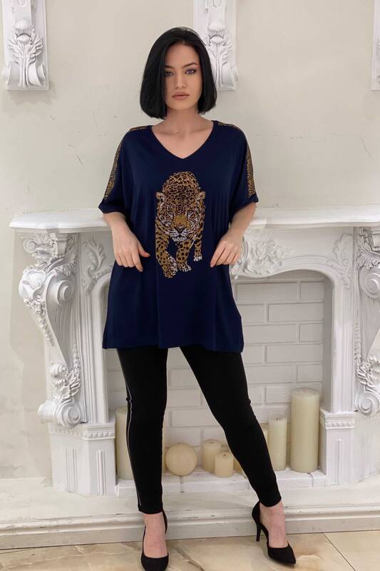 Bluză de damă cu ridicata cu imprimeu tigru detaliat cu pietre - 77603 | Kazee