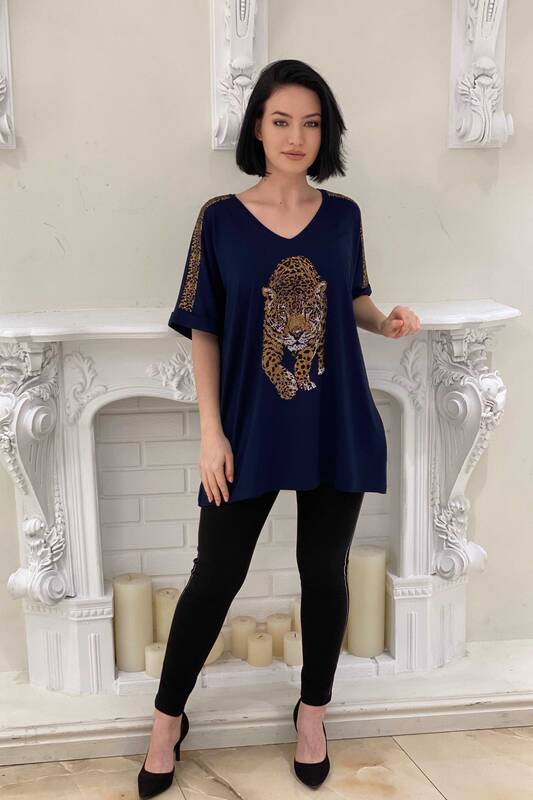 Bluză de damă cu ridicata cu imprimeu tigru detaliat cu pietre - 77603 | Kazee