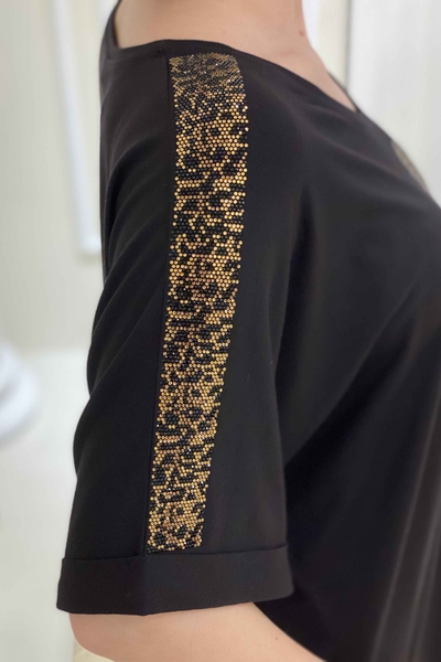 Bluză de damă cu ridicata cu imprimeu tigru detaliat cu pietre - 77603 | Kazee - Thumbnail