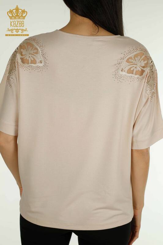 Bluză de damă cu ridicata - Detaliat pe umeri - Pudra - 79527 | KAZEE
