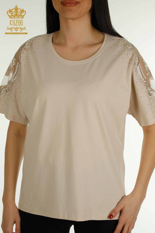 Bluză de damă cu ridicata din tul cu umăr detaliat bej deschis - 79553 | KAZEE