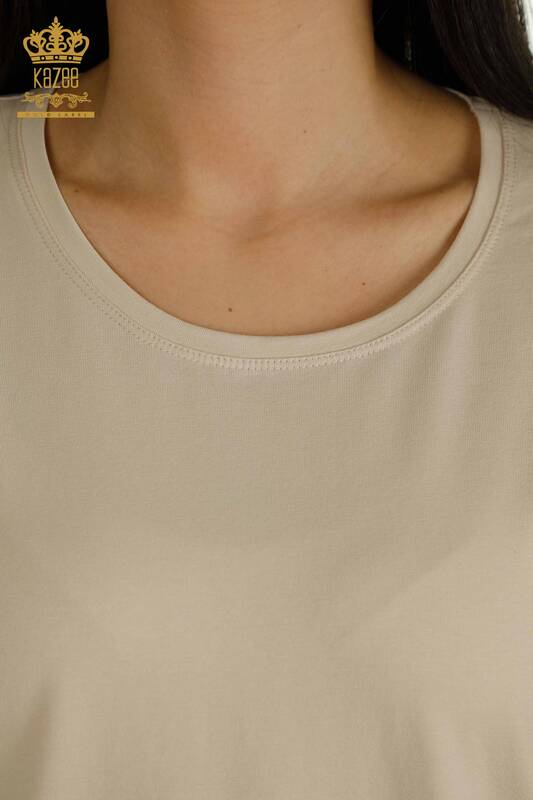 Bluză de damă cu ridicata din tul cu umăr detaliat bej deschis - 79553 | KAZEE