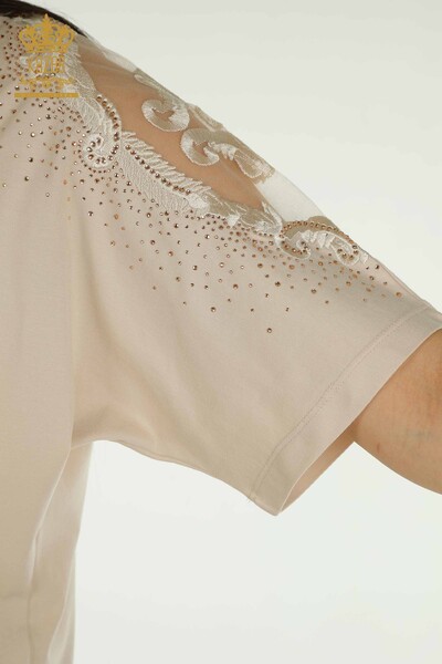 Bluză de damă cu ridicata din tul cu umăr detaliat bej deschis - 79553 | KAZEE - Thumbnail