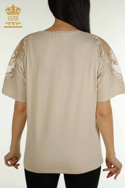 Bluză de damă cu ridicata din tul cu umăr detaliat bej deschis - 79553 | KAZEE - Thumbnail