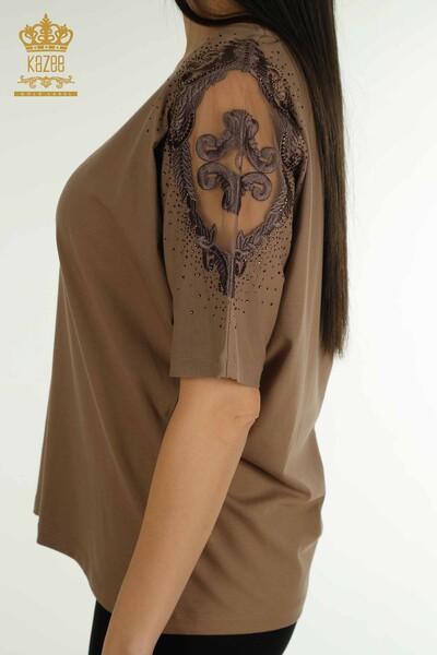 Bluză de damă cu ridicata cu umăr din tul maro - 79553 | KAZEE - Thumbnail