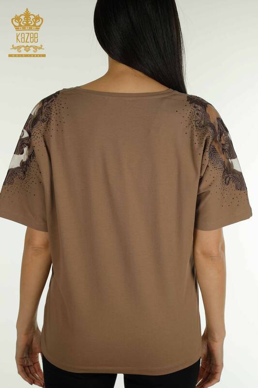 Bluză de damă cu ridicata cu umăr din tul maro - 79553 | KAZEE