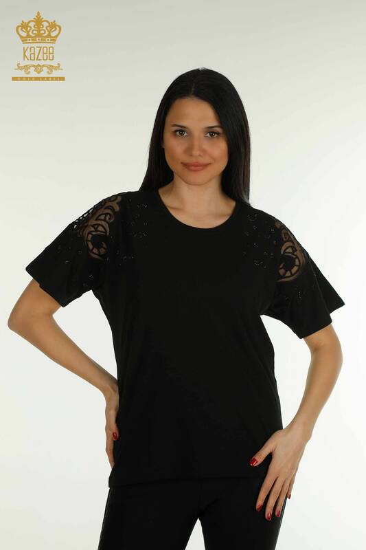 Bluză de damă cu ridicata - Umăr Tulle Detaliat - Negru - 79456 | KAZEE