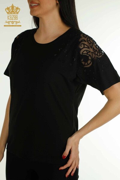 Bluză de damă cu ridicata - Umăr Tulle Detaliat - Negru - 79456 | KAZEE - Thumbnail