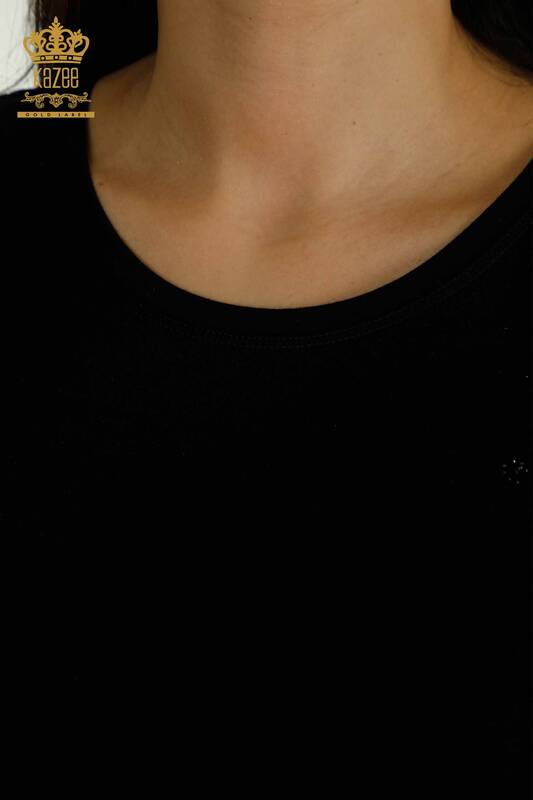 Bluză de damă cu ridicata - Umăr Tulle Detaliat - Negru - 79456 | KAZEE