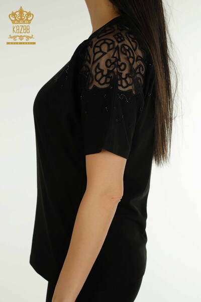 Bluză de damă cu ridicata - Umăr Tulle Detaliat - Negru - 79456 | KAZEE - Thumbnail