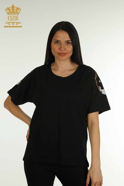 Bluză de damă cu ridicata din tul cu umăr detaliat negru - 79553 | KAZEE - Thumbnail