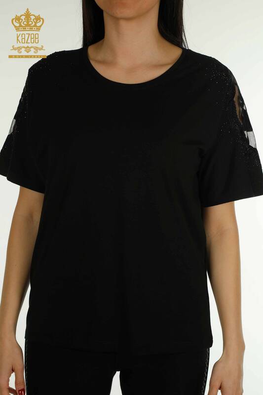 Bluză de damă cu ridicata din tul cu umăr detaliat negru - 79553 | KAZEE