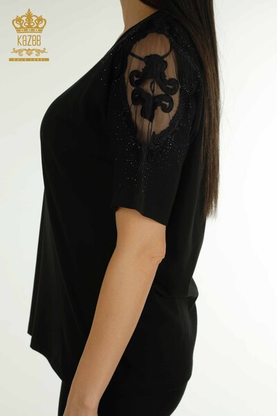Bluză de damă cu ridicata din tul cu umăr detaliat negru - 79553 | KAZEE - Thumbnail