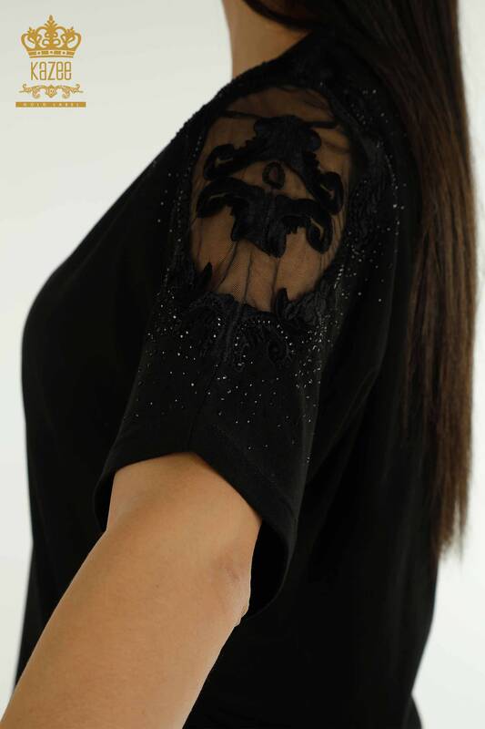 Bluză de damă cu ridicata din tul cu umăr detaliat negru - 79553 | KAZEE