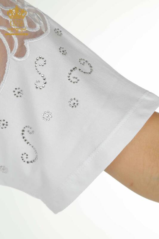 Bluză cu ridicata pentru femei - Umăr Tulle Detaliat - Alb - 79456 | KAZEE