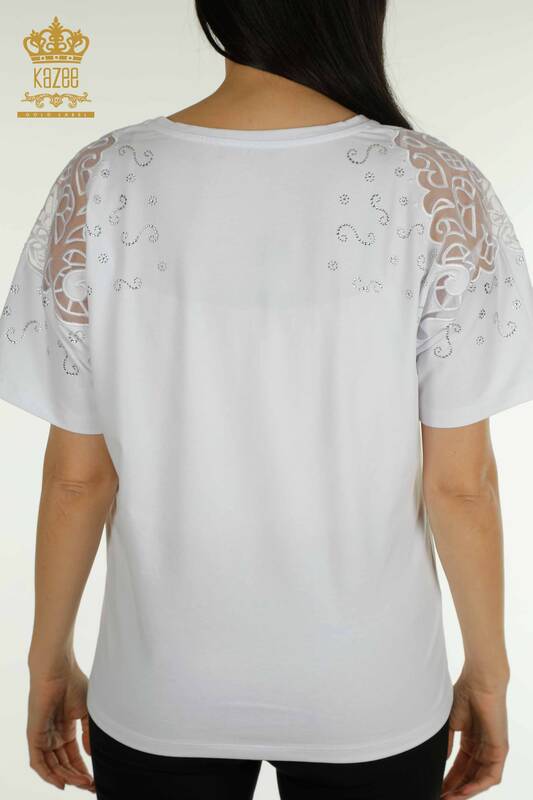 Bluză cu ridicata pentru femei - Umăr Tulle Detaliat - Alb - 79456 | KAZEE
