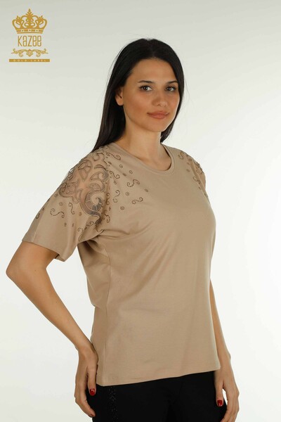 Bluză de damă cu ridicata - Umăr Tulle Detaliat - Bej - 79456 | KAZEE - Thumbnail