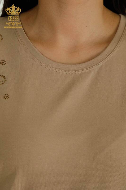 Bluză de damă cu ridicata - Umăr Tulle Detaliat - Bej - 79456 | KAZEE