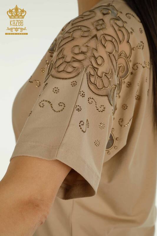 Bluză de damă cu ridicata - Umăr Tulle Detaliat - Bej - 79456 | KAZEE