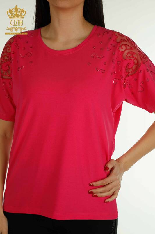Bluză de damă cu ridicata - Umăr Tulle Detaliat - Fucsia - 79456 | KAZEE