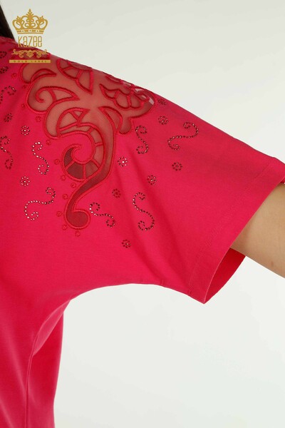 Bluză de damă cu ridicata - Umăr Tulle Detaliat - Fucsia - 79456 | KAZEE - Thumbnail