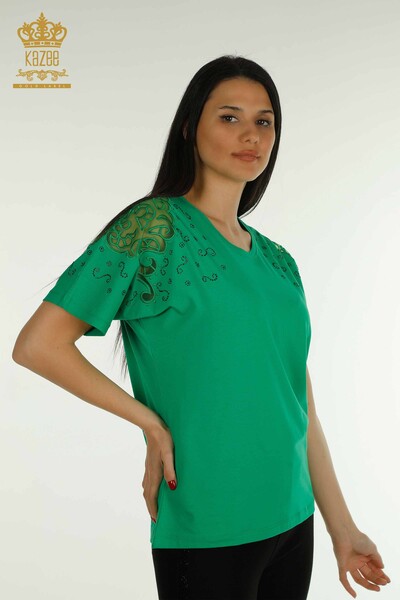 Bluză de damă cu ridicata - Umăr Tulle Detaliat - Verde - 79456 | KAZEE - Thumbnail
