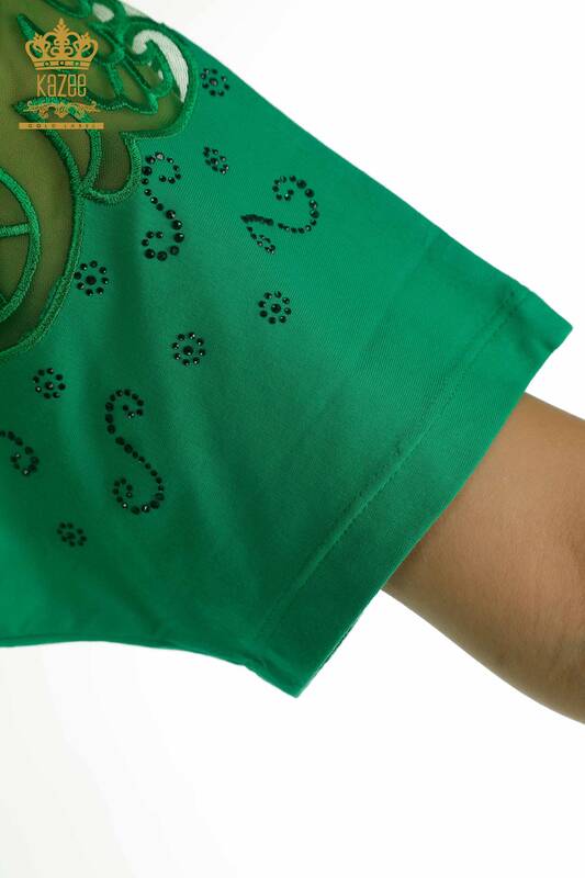 Bluză de damă cu ridicata - Umăr Tulle Detaliat - Verde - 79456 | KAZEE