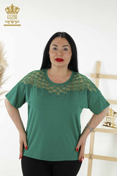Bluză de damă cu ridicata cu piatră brodata cu model verde - 79143 | KAZEE - Thumbnail