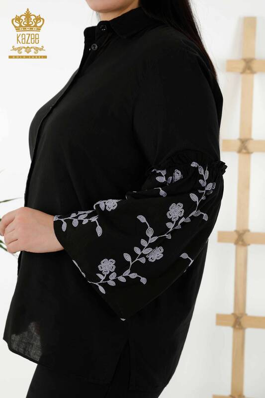 Cămașă cu ridicata pentru femei - Mânecă cu flori brodate - negru - 20353 | KAZEE