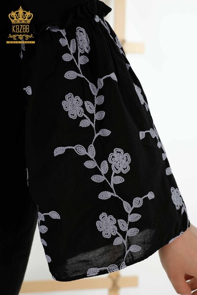 Cămașă cu ridicata pentru femei - Mânecă cu flori brodate - negru - 20353 | KAZEE - Thumbnail