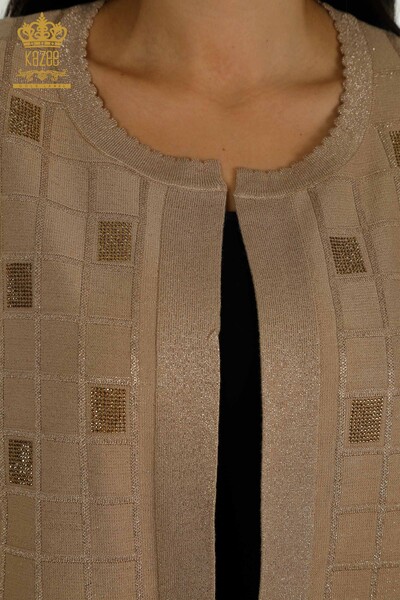Cardigan de damă cu ridicata cu piatră brodat bej - 30057 | KAZEE - Thumbnail