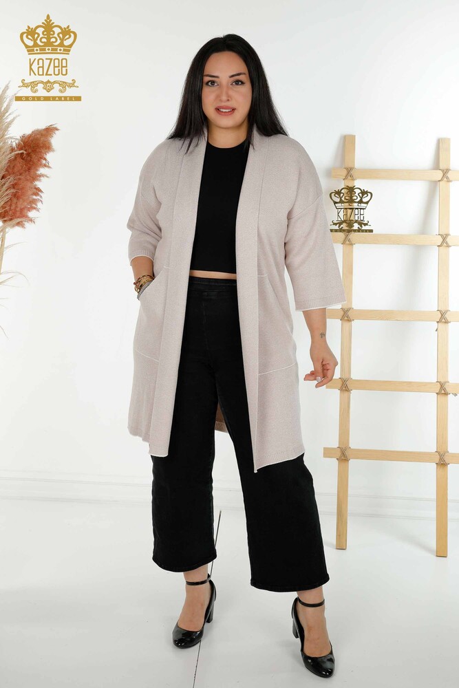Cardigan cu ridicata pentru femei cu detaliu de buzunar pulbere ușoară - 30047 | KAZEE - 1