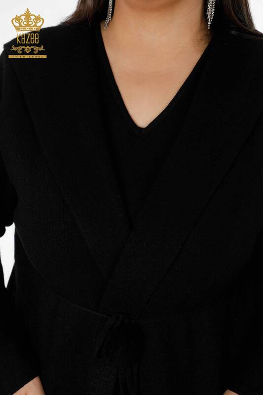 Cardigan cu glugă lung negru pentru femei - 19075 | KAZEE