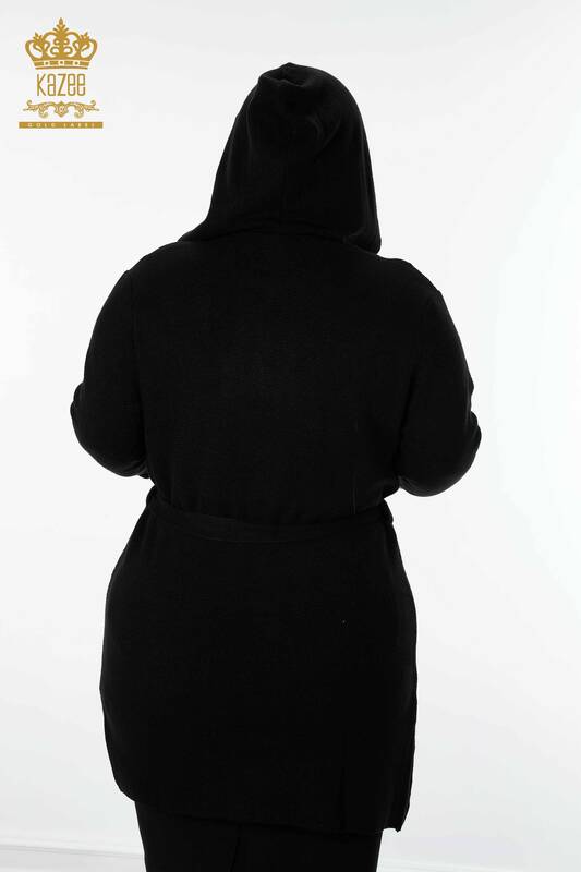 Cardigan cu glugă negru pentru femei - 19079 | KAZEE
