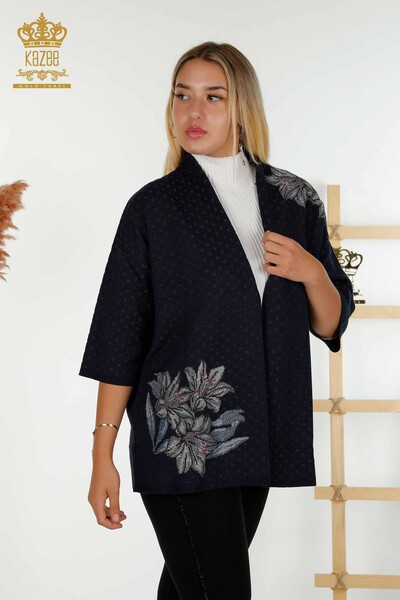 Cardigan de damă cu ridicata cu piatră florală brodat bleumarin - 30061 | KAZEE - Thumbnail