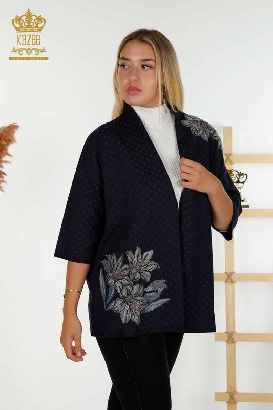 Cardigan de damă cu ridicata cu piatră florală brodat bleumarin - 30061 | KAZEE