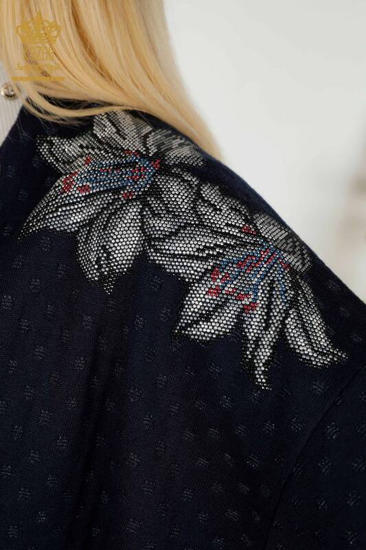 Cardigan de damă cu ridicata cu piatră florală brodat bleumarin - 30061 | KAZEE