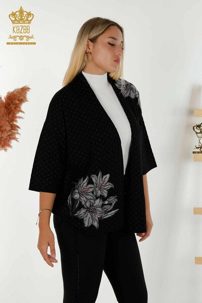 Cardigan de damă cu ridicata cu piatră florală brodat negru - 30061 | KAZEE - Thumbnail