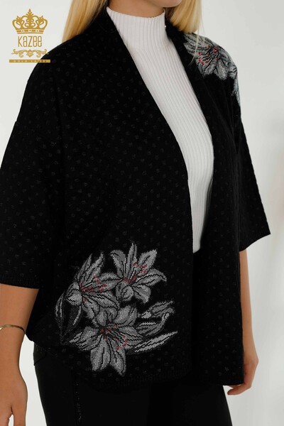 Cardigan de damă cu ridicata cu piatră florală brodat negru - 30061 | KAZEE - Thumbnail