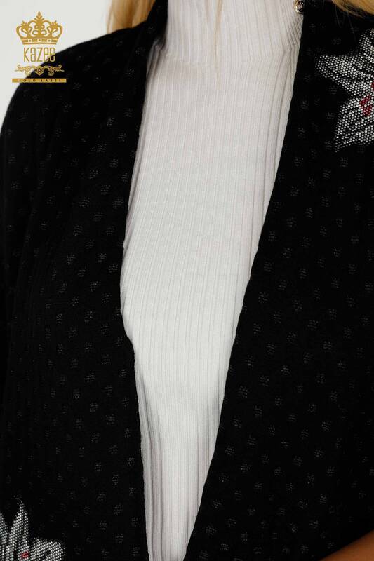 Cardigan de damă cu ridicata cu piatră florală brodat negru - 30061 | KAZEE