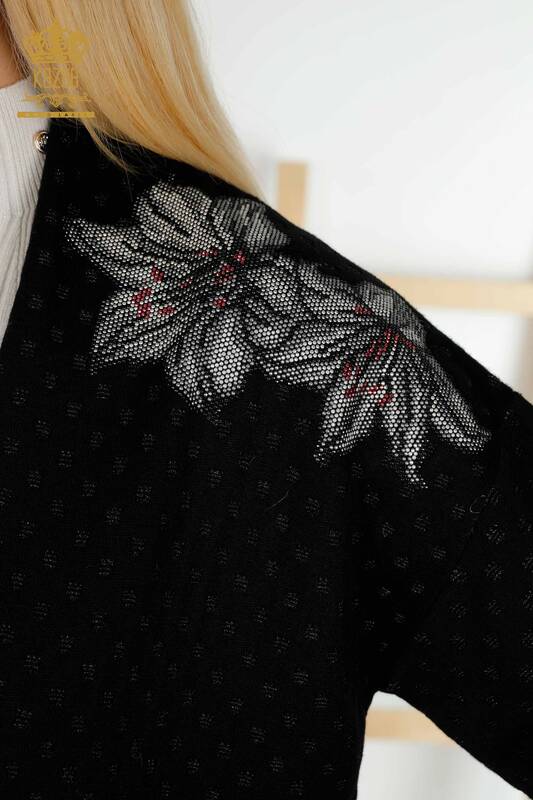 Cardigan de damă cu ridicata cu piatră florală brodat negru - 30061 | KAZEE