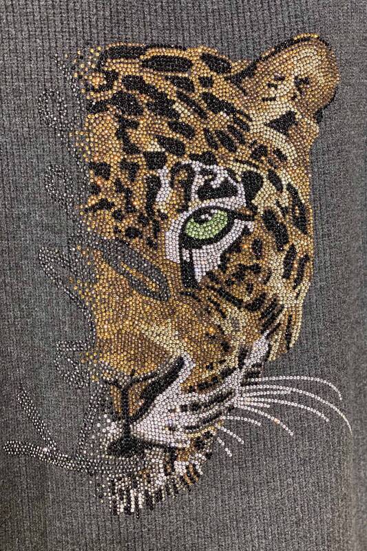 Cardigan de damă cu ridicata cu broderie de piatră cu detalii leopard - 16254 | KAZEE