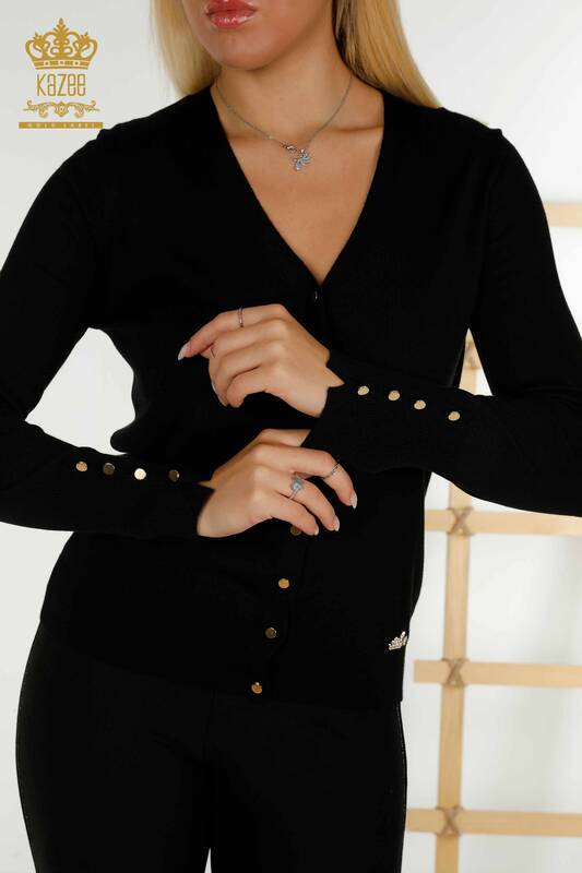 Cardigan cu ridicata pentru femei cu detaliu nasturi la maneca, negru - 30136 | KAZEE