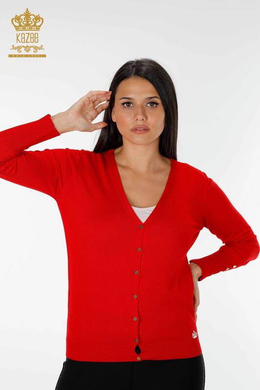 Cardigan cu ridicata pentru femei cu detaliu nasturi manșete roșu - 16941 | KAZEE
