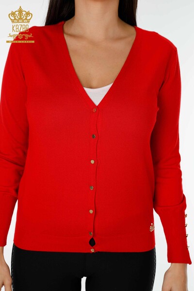 Cardigan cu ridicata pentru femei cu detaliu nasturi manșete roșu - 16941 | KAZEE - Thumbnail
