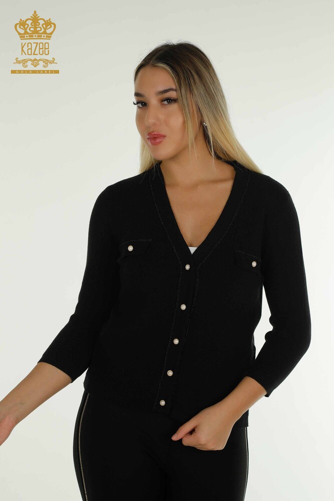Cardigan cu ridicata pentru femei cu nasturi detaliat negru - 30366 | KAZEE - 1