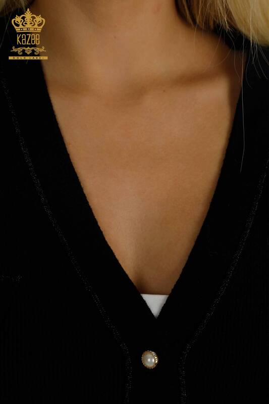 Cardigan cu ridicata pentru femei cu nasturi detaliat negru - 30366 | KAZEE