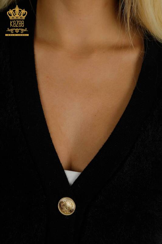 Cardigan cu ridicata pentru femei cu nasturi detaliat negru - 30626 | KAZEE
